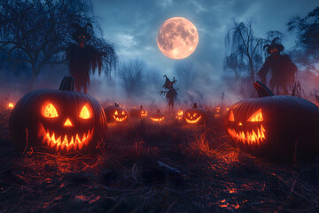 Fototapeta premium spooky pumpkin patch under a full moon, with glowing jack-o'-lanterns scattered across the field. Dark scarecrows loom in the misty, eerie atmosphere, creating a haunting scene.