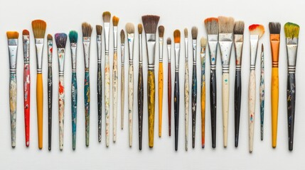 Assorted paintbrushes, some with paint still visible, laid out on a simple white background, reflecting the artist's craft.