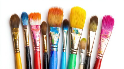 Fototapeta premium Assorted paintbrushes with colorful bristles, arranged on a clean white background, perfect for an artistic touch.