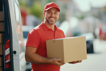 A delivery person in a red shirt and cap holding a cardboard box.