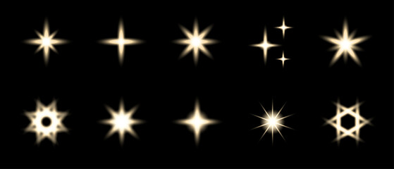 Golden sparkle lights set. Flashing lights vector effect. Glowing ray beams on black background.