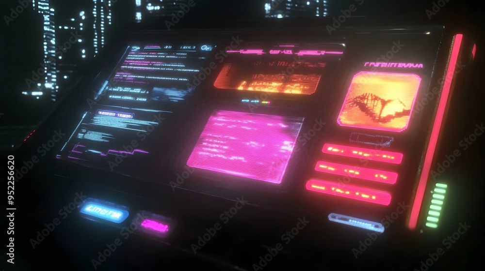 Poster futuristic digital interface with holographic data displays and neon elements