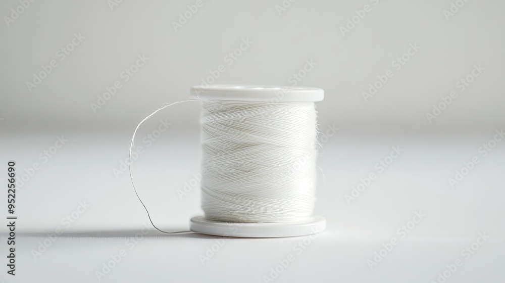 Poster close-up of a white bobbin, showcasing the neat winding of thread, set on a seamless white backgroun
