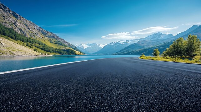 Asphalt highway road and blue lake with mountain nature landscape under blue sky : Generative AI