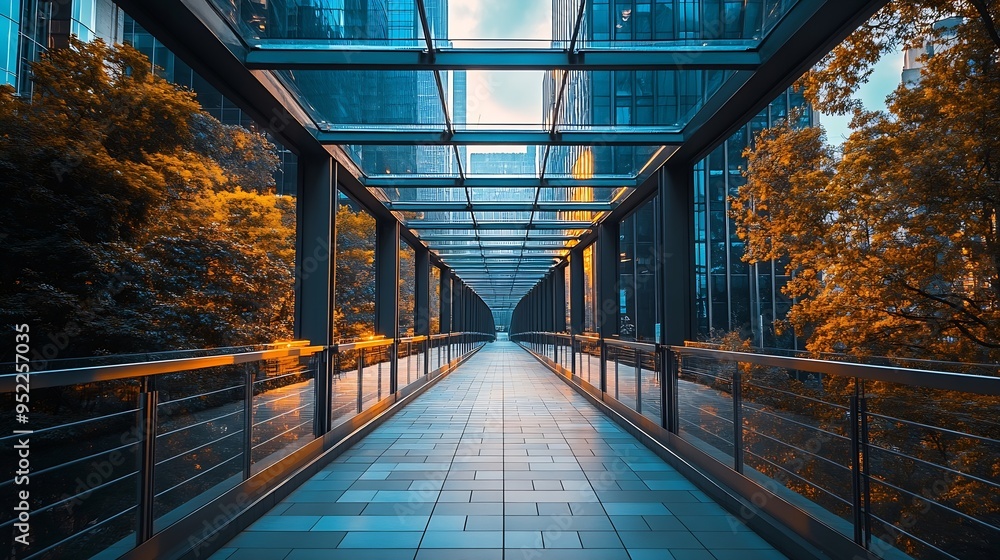 Poster open covered bridges outside a highrise building low angle view : generative ai