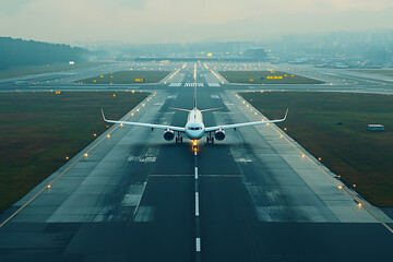 Fototapeta premium an airplane taxiing down a wide, well-lit runway at an airport, surrounded by expansive green fields. The scene is serene, with distant buildings and misty hills in the background.