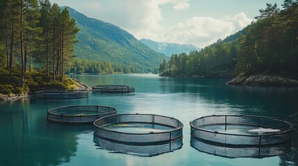Obraz premium View of circle sea fish farm cages and round fishing nets farming salmon trout and cod feeding the fish a forage with scandinavian lake landscape and forest island in the background in : Generative AI