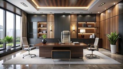 Luxury office furniture combines polished wood tones, sleek metal accents, and soft industrial chic ambiance, featuring a high-contrast color scheme and abstracted minimalist design.