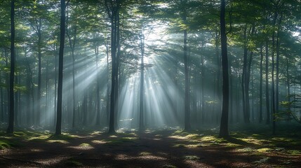 Fototapeta premium Panorama of Natural Beech Forest with Sunbeams through Morning Fog : Generative AI