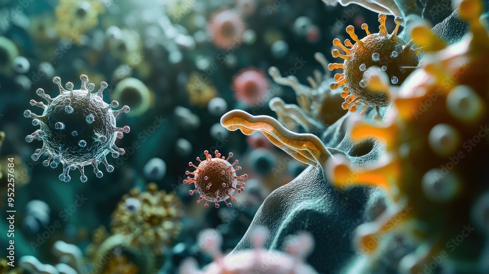 Aufkleber high-resolution close-up of different pathogenic cells, featuring bacteria and viruses with a clear 