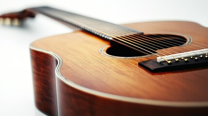Close-up of the body of a wooden acoustic guitar, isolated on a clean white background.
