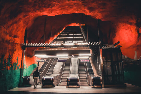 Stockholm, Sweden - May 3, 2018: Escalator in Solna centrum metro station