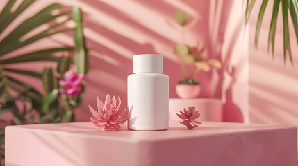 White bottle on a pink pedestal with pink flowers and a tropical background.