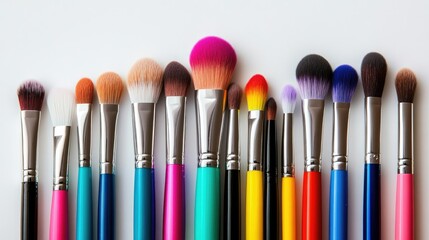 Fototapeta premium Colorful makeup brushes neatly arranged on a white background, highlighting the variety and style in each brush.