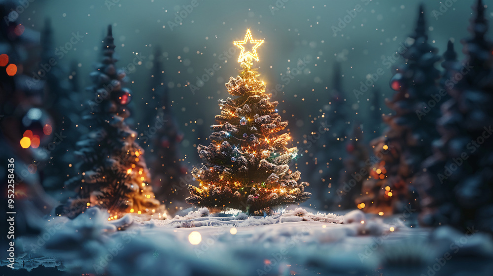 Poster christmas tree covered in lights standing in a snowy forest with other trees in the background
