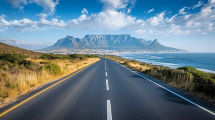 Fototapeta premium Coastal Road At Cape Town In Western Cape South Africa Table Mountain Landmark Freeway Road Cape Town At Western Cape South Africa Tourism Travel Road Trip Skyline : Generative AI