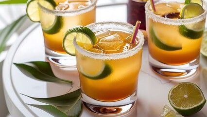 Fototapeta premium Close up view of refreshing caipirinha cocktails with lime on tabletop on white
