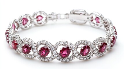 Elegant diamond bracelet with vivid rubies, highlighted against a pure white background.