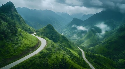 Dynamic shot of a winding mountain road capturing the thrill of travel and adventure through scenic lush greenery and rocky terrain under a cloudy sky : Generative AI