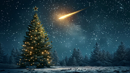 Naklejka premium Bright christmas tree is standing in a snowy forest at night with a shooting star across the sky