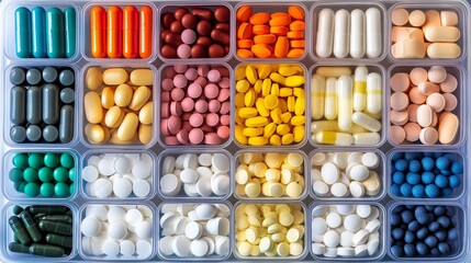 Fototapeta premium neatly organized assortment of multicolored tablets pill box
