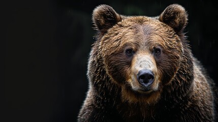 A brown bear's front view is isolated against a black background. An image of an Ursus arctos beringianus bear from Kamchatka