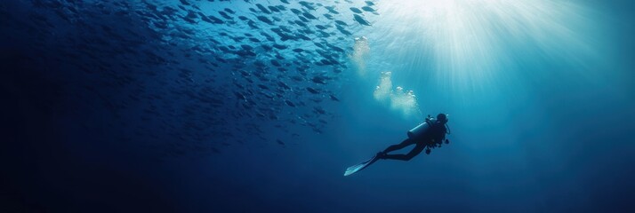 Diver with school of fishes in deep sea