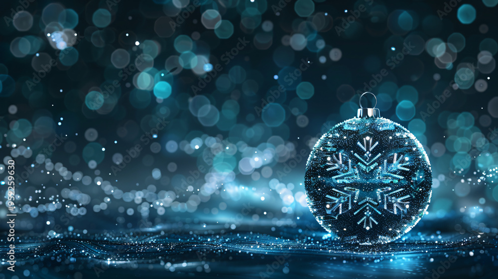 Aufkleber Sparkling christmas bauble with snowflake patterns on snowy surface with falling snowflakes and bokeh background