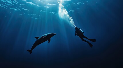 Obraz premium Diver with dolphin in deep sea