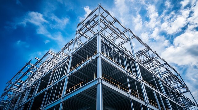 Steel frame commercial building under construction against blue sky : Generative AI