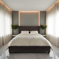 Elegant King-Sized Bed with Luxury Linen, Soft Ambient Lighting, Minimalistic Decor, and Contemporary Artwork on Wooden Floors with Architectural Details