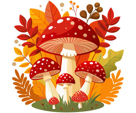 red mushrooms with white spots and autumn leaves clip art preview