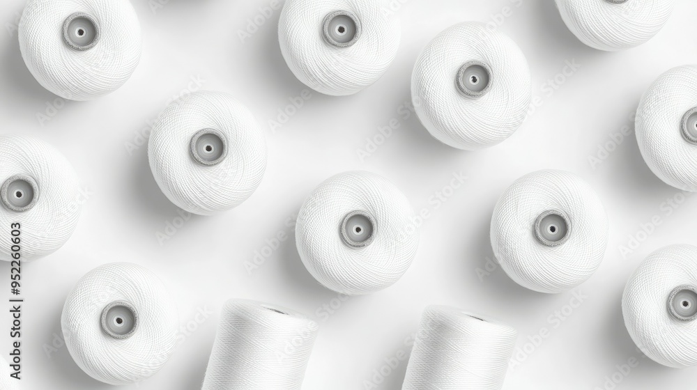 Poster multiple white bobbins arranged in a pattern on a white background, emphasizing simplicity and unifo