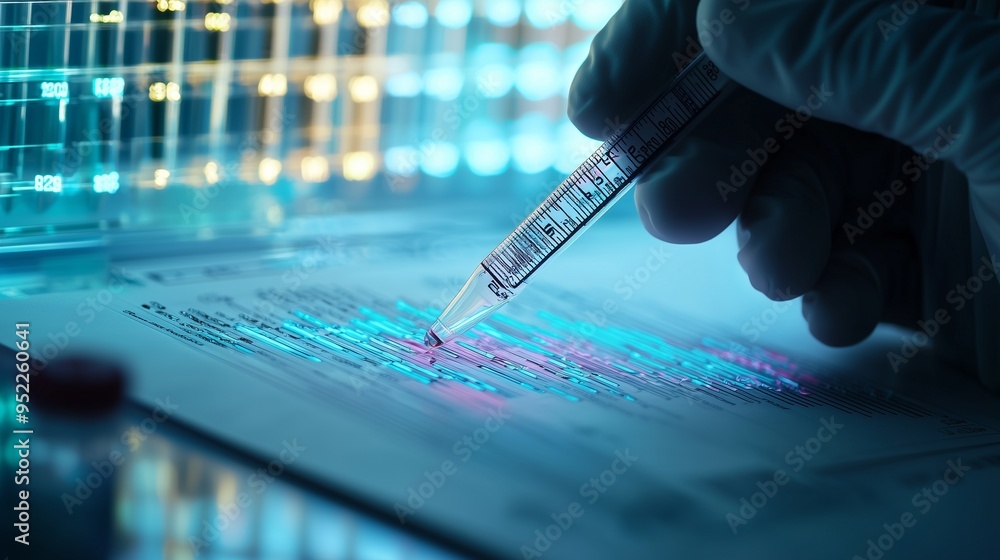Poster a gloved hand with a pipette over a dna sequencing chart, symbolizing bioinformatics research and ge