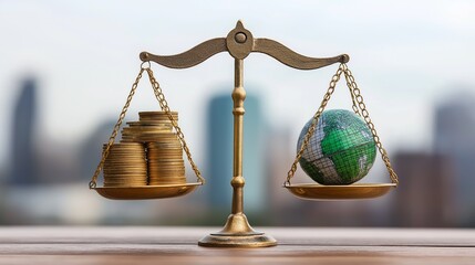 Balancing Scale with Coins and Globe, Symbolizing Economic Uncertainty, Global Economy, Wealth Distribution, Financial Balance, and Sustainable Development
