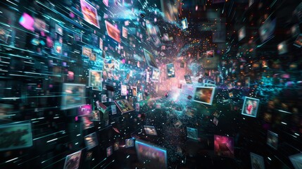 A dark room filled with numerous small, floating, and falling pictures that have a slight thickness, like thin tiles