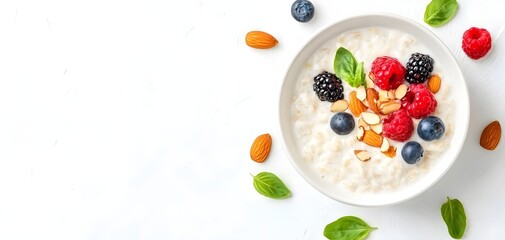 Healthy bowl of yogurt topped with fresh berries, nuts, and mint leaves. Perfect for breakfast or a nutritious snack.