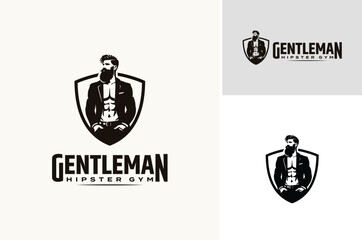 Silhouette of Strength Hipster Bearded Man wears a shirtless suit with a shield for gym workout or crossfit logo design
