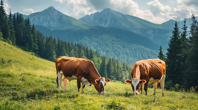 Two brown color cows graze on green grass free of pesticides in mountain meadow on sunny day in Carpathian Mountains Paltinis Romania : Generative AI