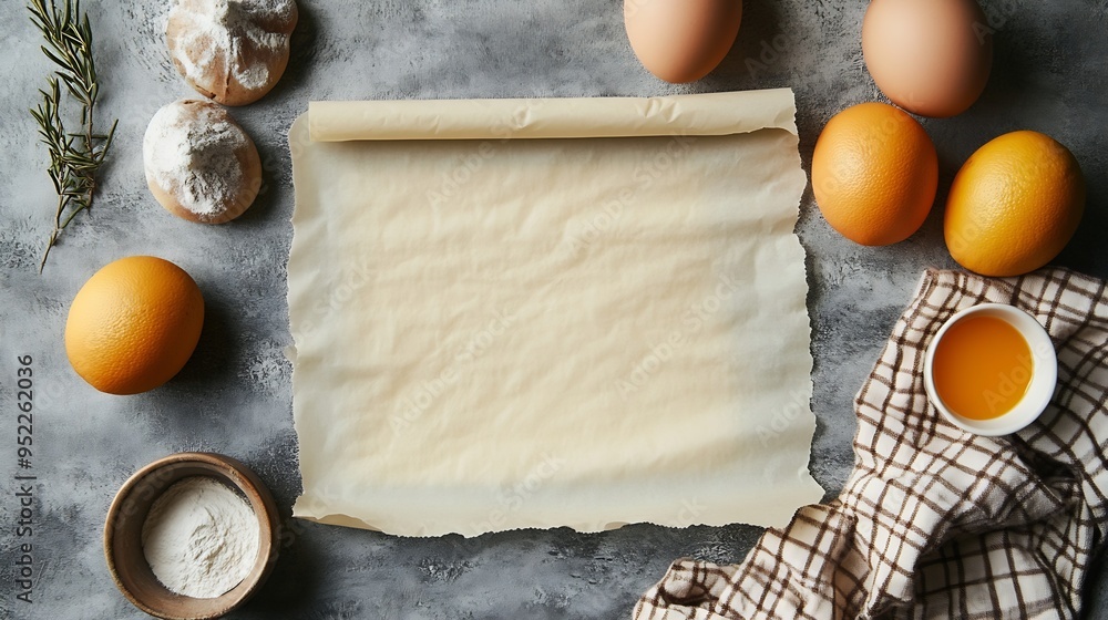 Poster top view with baking parchment empty on table background folded cloth for mockup with copy space fla