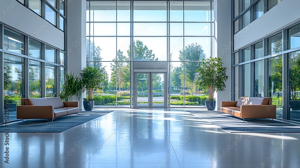 Poster Interior of modern empty office buildingOpen ceiling designThere are floortoceiling Windows and comfortable sofas : Generative AI