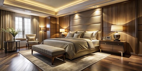 Polished woods, luxurious linens, and soft lighting create a tranquil sanctuary, where curved lines and plush textures soothe the senses, inviting relaxation.