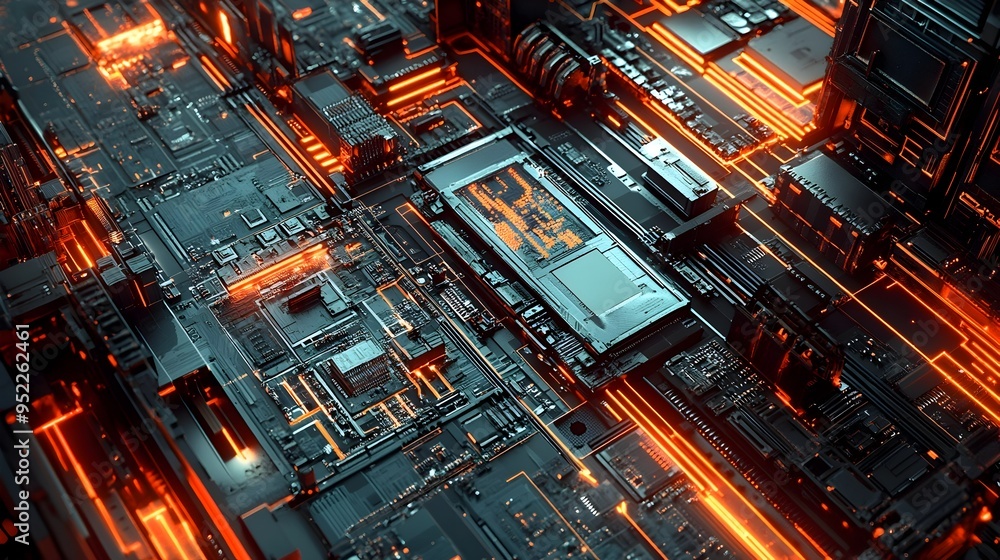 Poster glowing futuristic circuit board visualizing technological complexity