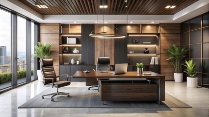 Polished woods, sleek metals, and subtle LED lighting create a sophisticated ambiance, exemplified by a high-contrast black and white color scheme and minimalist design.