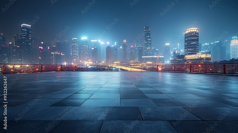 Poster Empty square floor and bridge with modern city buildings at night in Chongqing : Generative AI