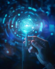 Fototapeta premium hand holding a holographic digital key, with floating digital screens
