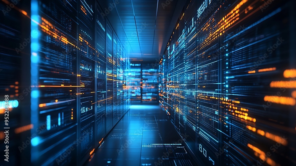 Poster Image of multiple graphs and numbers changing over data center room Digital composite coding business report network security data center networking technology and network server : Generative AI