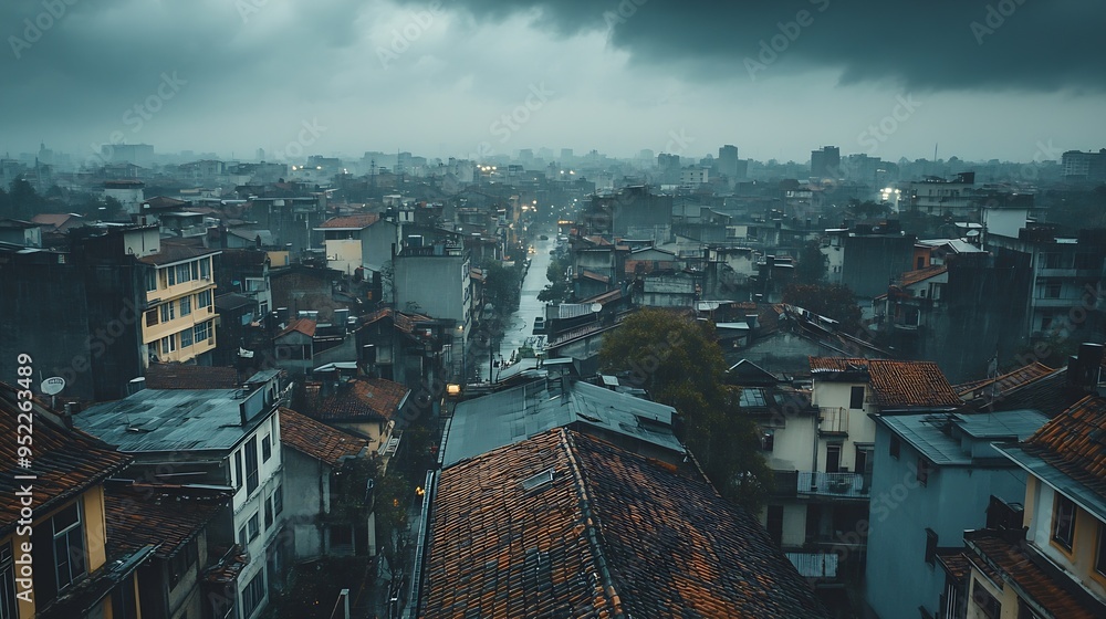Poster rooftop view of city buildings the weather is about to rain clouds are overcast : generative ai