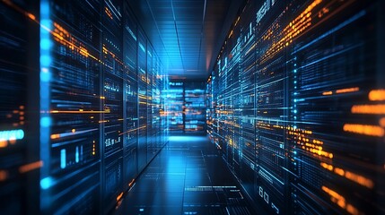 Image of multiple graphs and numbers changing over data center room Digital composite coding business report network security data center networking technology and network server : Generative AI