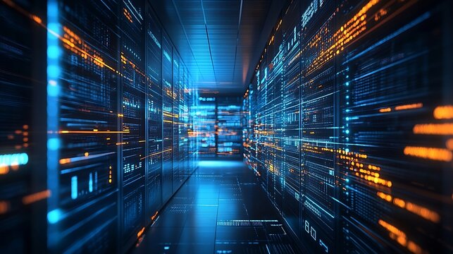 Image of multiple graphs and numbers changing over data center room Digital composite coding business report network security data center networking technology and network server : Generative AI